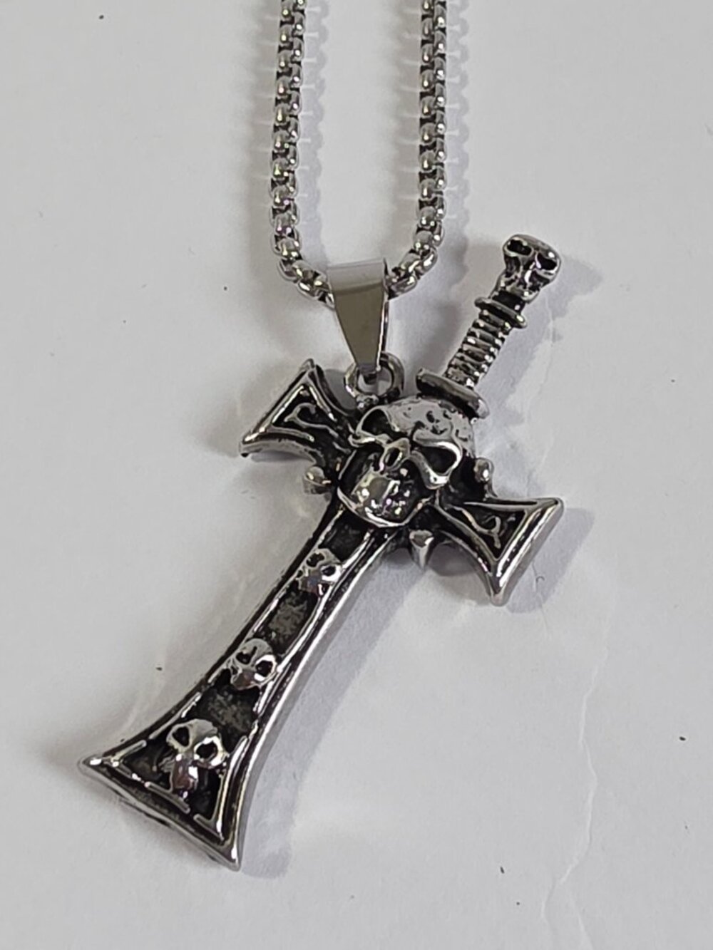 Gothic Skull Sword Cross Pendant Necklace Punk Biker Silver Tone